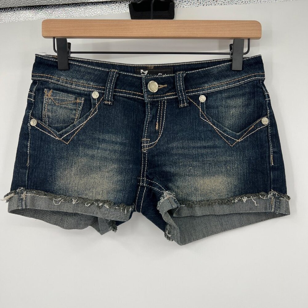 Eighty eight dark wash denim jean short rolled cuff raw hem blue woman's JR size